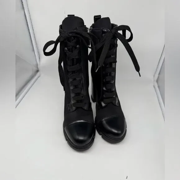Prada Black Leather/ Re-Nylon Metal Triangle Logo 110mm Ankle Boots EU 38.5 - Picture 4 of 15
